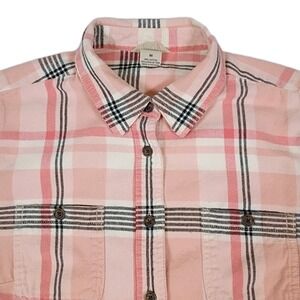 Duluth Trading Co Womens Plaid Flannel Shirt Pink LS Button Down Size M